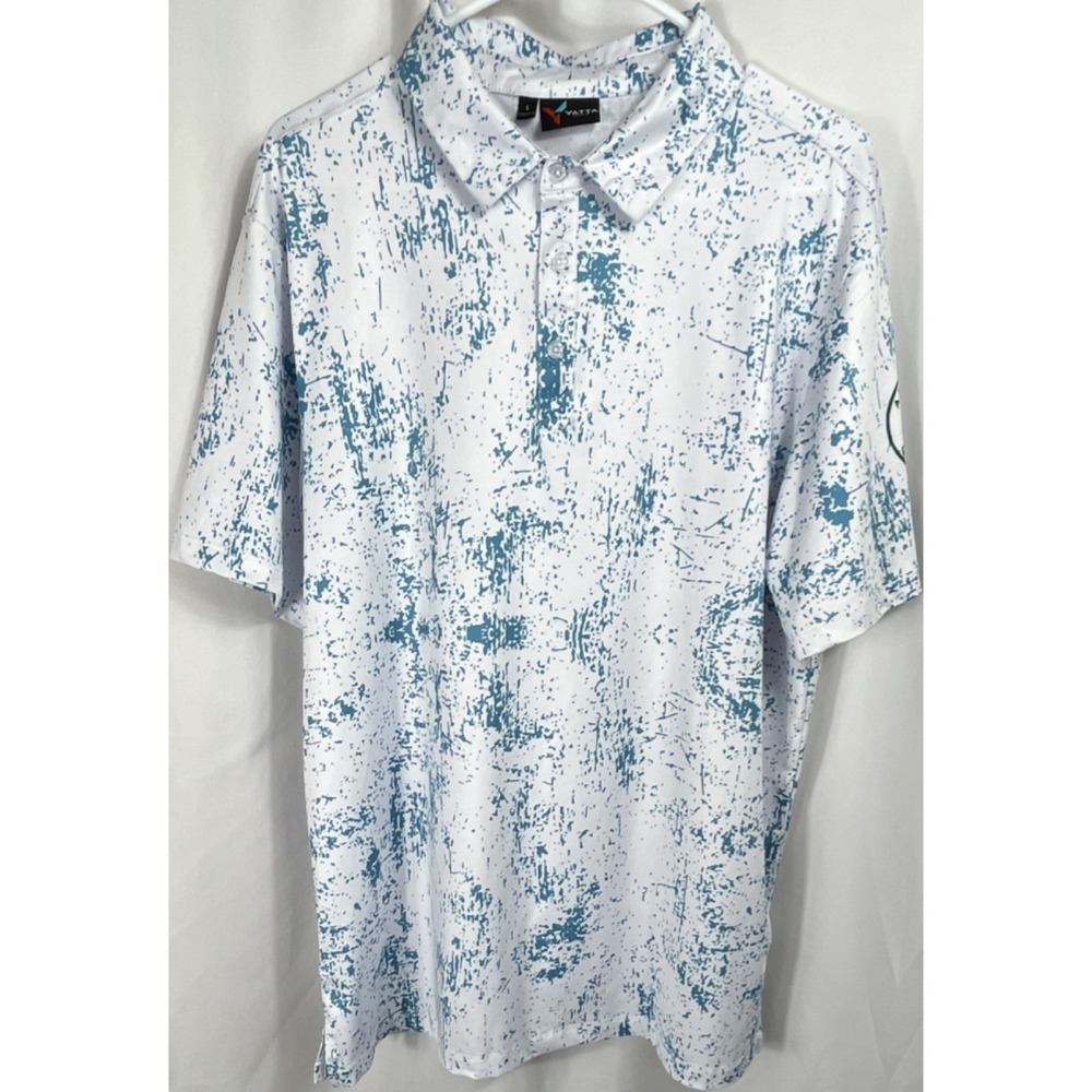 Yatta Golf White & Blue Graphic Print Men's Golf Polo Shirt Size L Short Sleeve